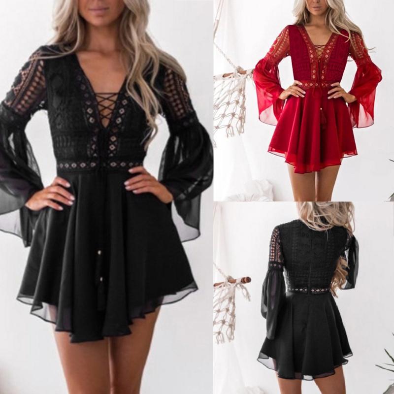 

Casual Dresses 2021 Fashion Sexy Night Club Dress Summer Clothes Women Lace Long Sleeve Cocktail Party Pencil Bandage, Black