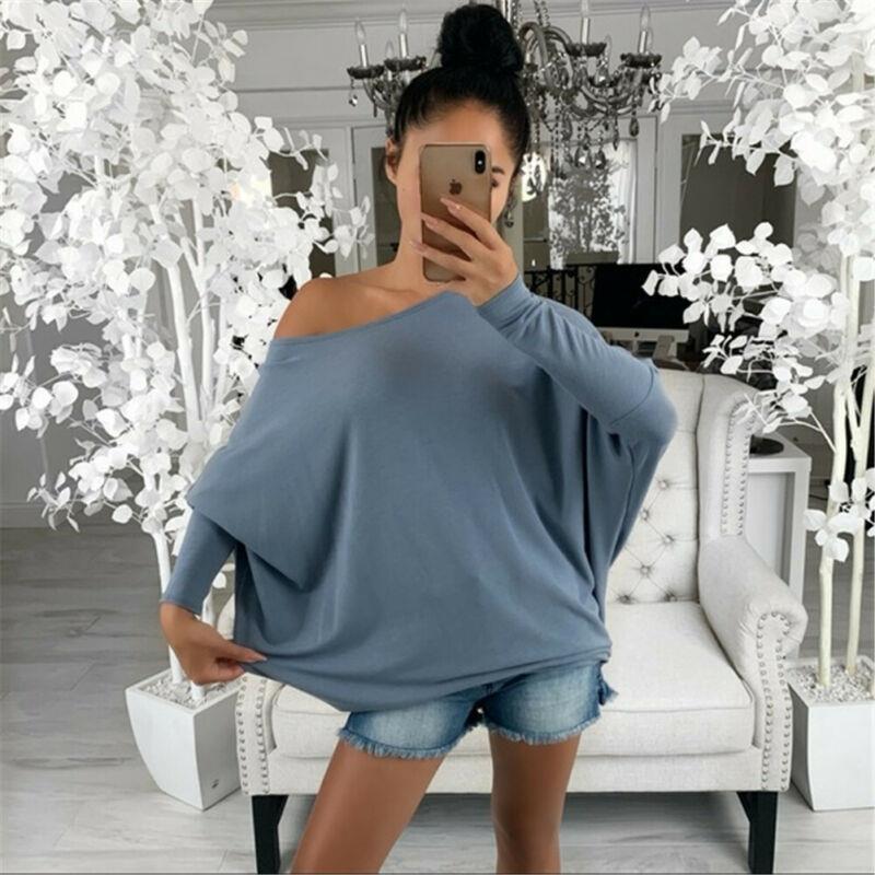

women womens shirt long sleeve casual off shoulder blouses loose fit pure color blouse slash neck, White