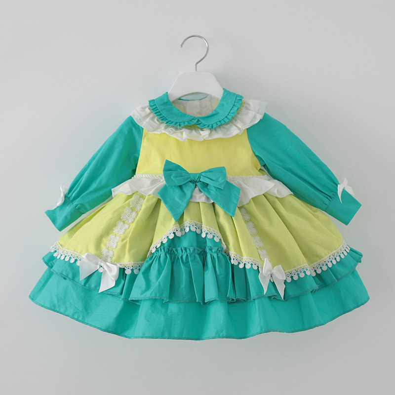

Spanish Baby Girl Lolita Princess Ball Gown infant Long Sleeve Birthday Casuals Dress Children Green Peter Pan Collar Vestidos 210615, Pink
