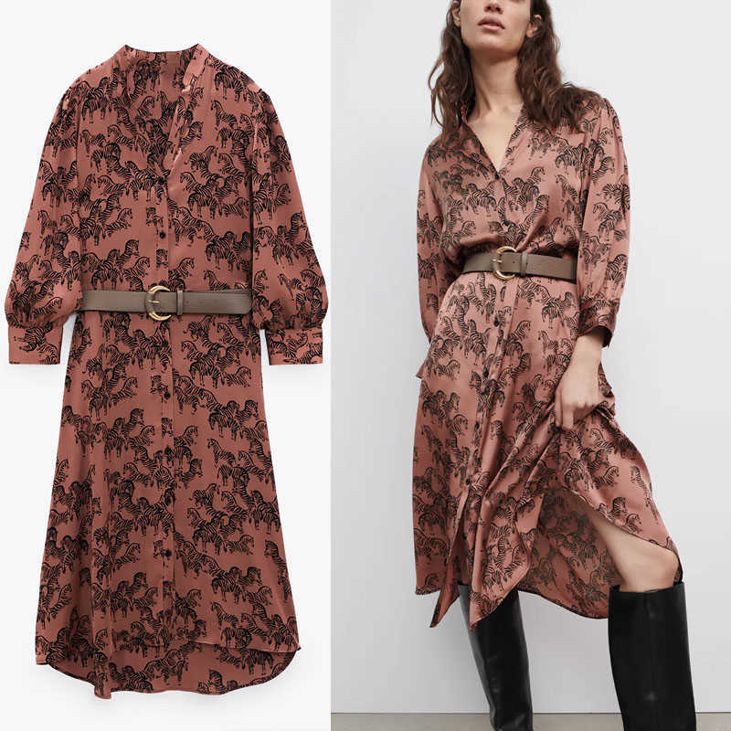 

ZA Animal Print Satin Midi Dress Women Vintage Long Sleeve Belt Party Dresses Female Fashion Button Irregular Hem Vestidos 210602, As picture