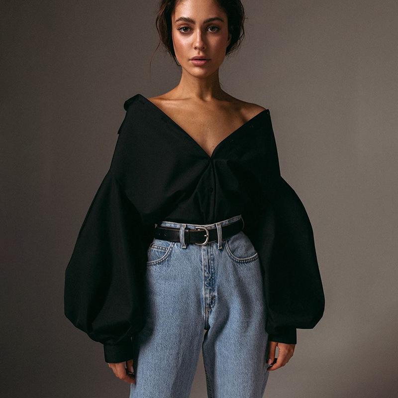 

Autumn Women Blouses Lantern Sleeves Lapel Streetwear Fashion Casual Wild Loose Slim Button Simple Solid Shirt Women' & Shirts, Black