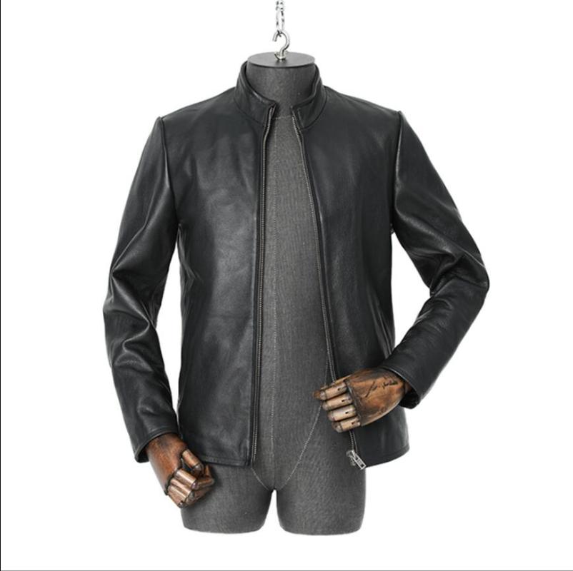 

Men' Leather & Faux Spring And Autumn Single Genuine Jacket Vintage Natural Cowhide Slim Short Stand-Up Collar Coats Plus Size Clothes, Black