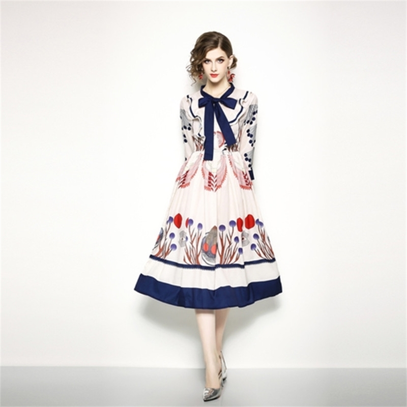 

Summer Runway Dress Women' High Quality Long Sleeves Bow Collar Baroque Printing Casual Pink 210603, Picture color