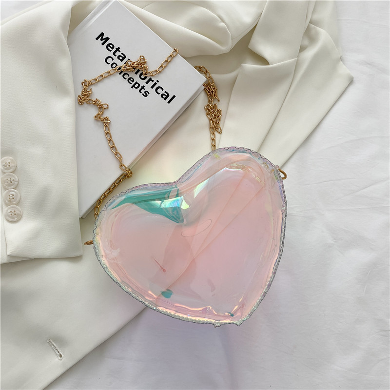 

fashion girls princess handbags purse 2021 woman kids love heart chain One Shoulder Messenger Bag colorful laser heart transparent jelly bags F476, Pink