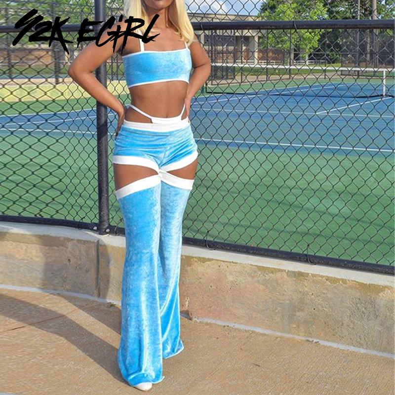 

Cyber Y2K Velvet Cami And High Waist Flare Pants 2 Piece Sets 2000s Aesthetics Hollow Out Blue Co-ord Suits Vintage Outfits Slim Women' Tra