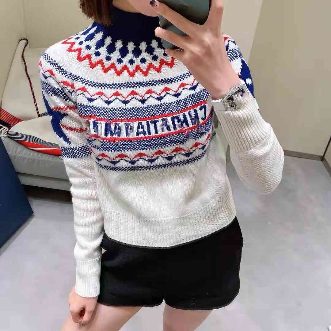 Correct version * sweater top women's early autumn 021 new ski series letter jacquard slim Plush long sleeve