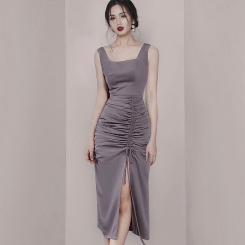 

Retro Women Fashion Sleeveless Drawstring Package Hip Sexy Split Dress Summer Suspender Bodycon High Waist Dress Vestido 210518, Photo color