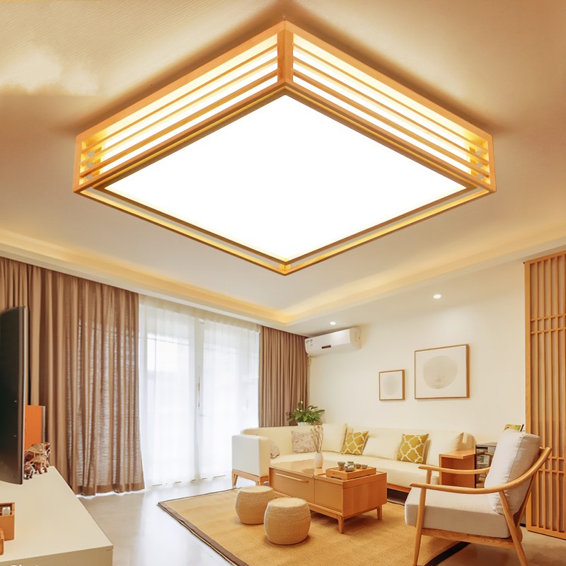 

Japanese Style Tatami Wood Ceiling Lights and Pinus Sylvestris Ultrathin LED Lamp Natural Color Square Grid Paper