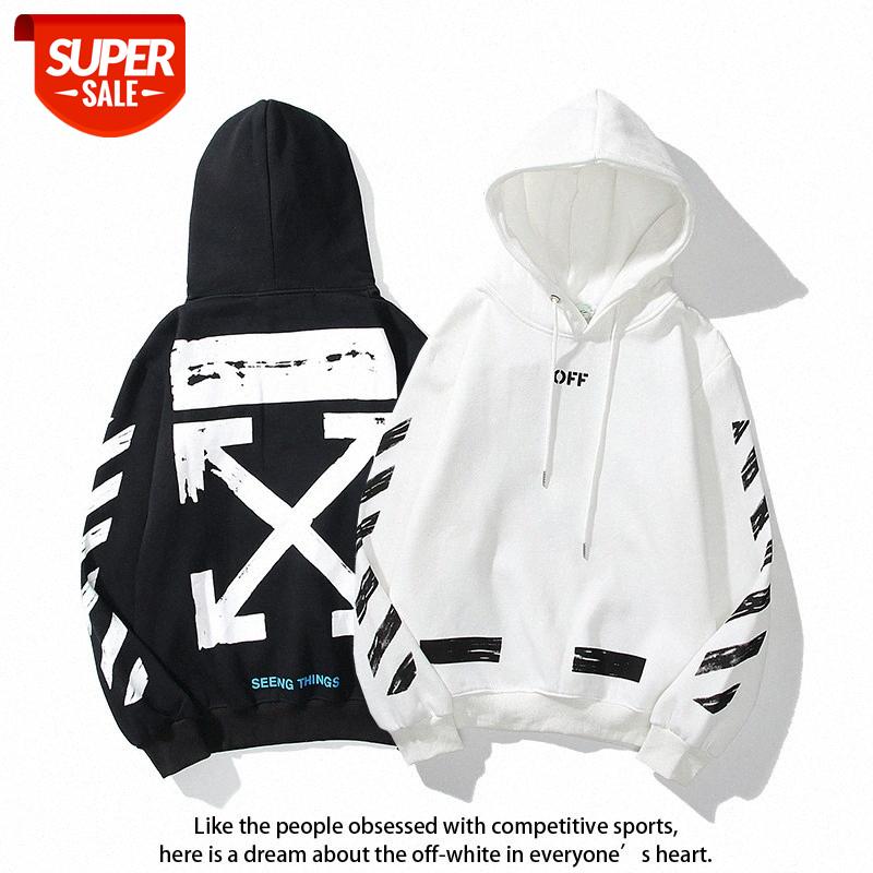 

European and American street off painted arrow crow diagonal stripes loose hoodie plus velvet sweater white men women couple jacket #kv1k, Black