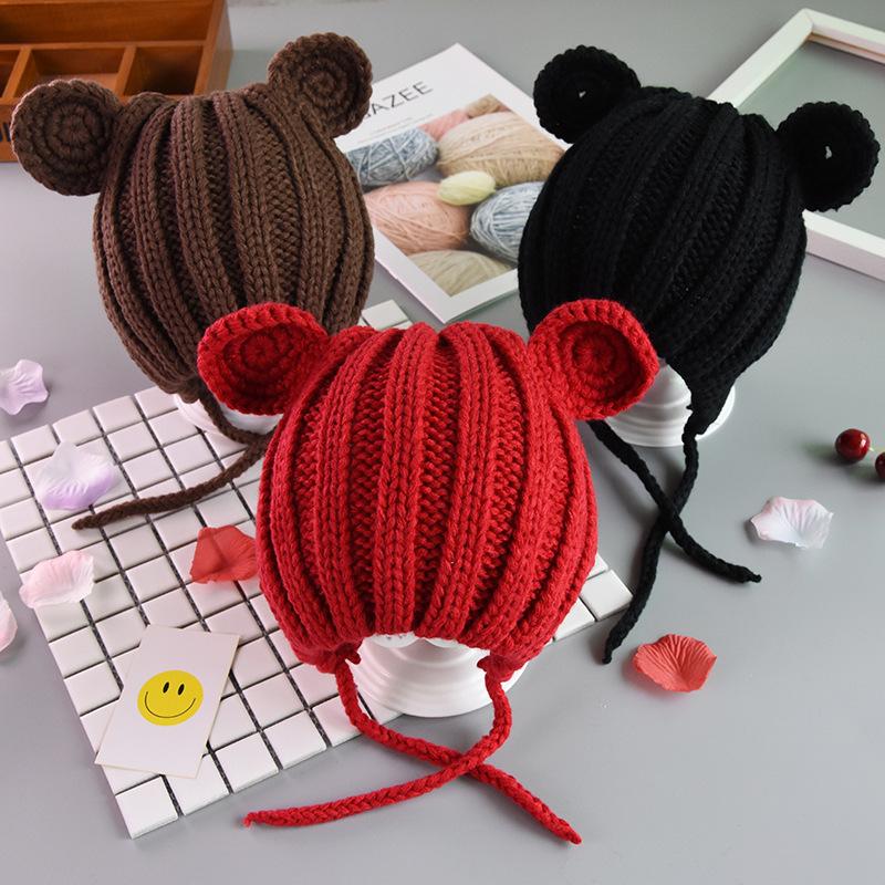 

Caps & Hats Knitted Winter Baby Hat With Ears Cartoon Lace-up Children Kids Bonnet Cap For 1-3 Years 4 Colors, Yellow