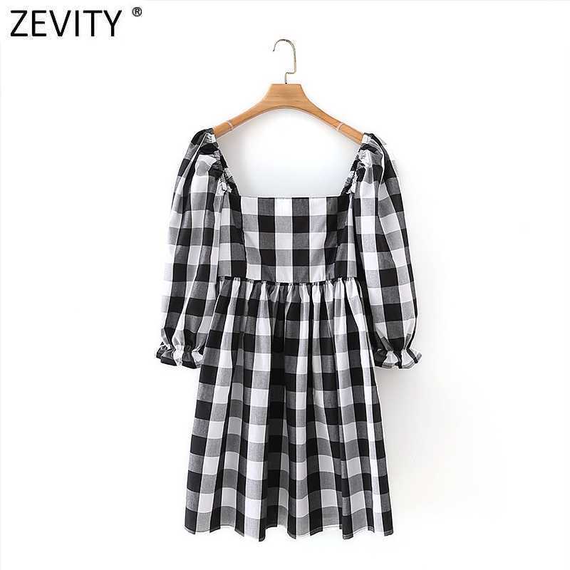 

Zevity Women Vintage Square Collar Plaid Print Mini Dress Female Three Quarter Sleeve Chic Ruffles Party Vestido DS5058 210603, As pic ds5058xz