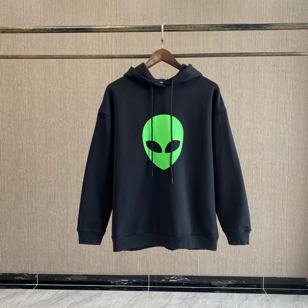 

Italy Men' and Women' Hoodie Alien Head Print Hooded Ripped Top Quality Appliqued, Black