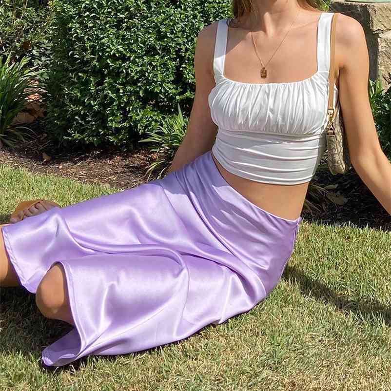 

Summer glossy purple yellow satin trumpet high waist skirt Silver gold midi Metallic Color party 210517