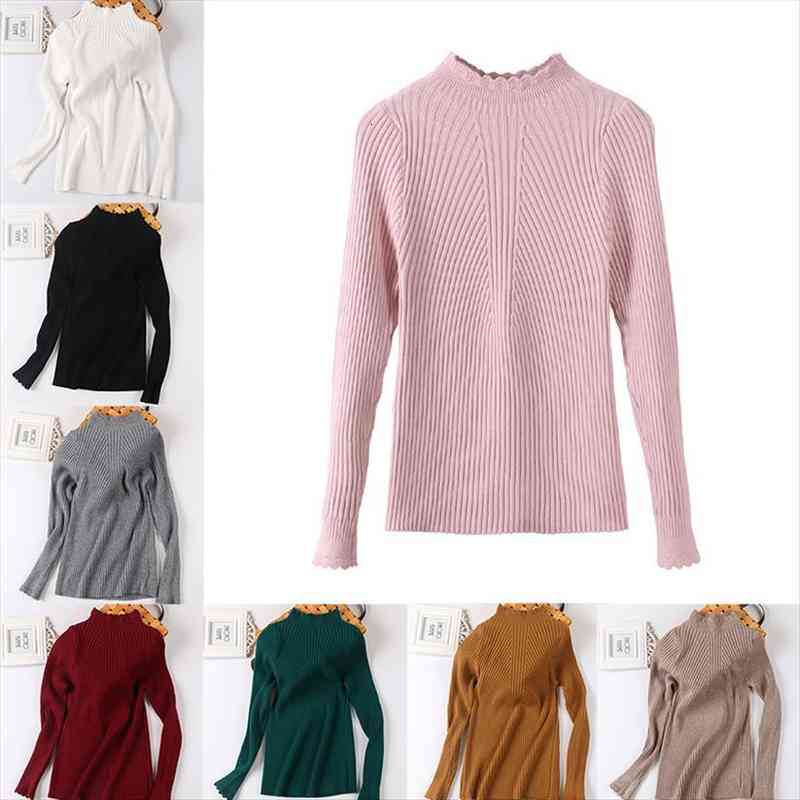 

women spring knitted warm pull sweater femme lace turtleneck long sleeve sweet stretchable pullover jumper clothes, White;black