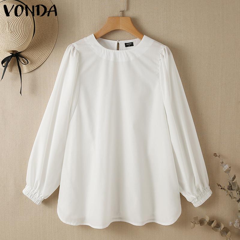

Women's Blouses & Shirts 2022 VONDA Autumn Tops Women Casual Long Sleeve Solid Blouse Ladies Round Neck Lantern Blusas Oversized Femininas, White