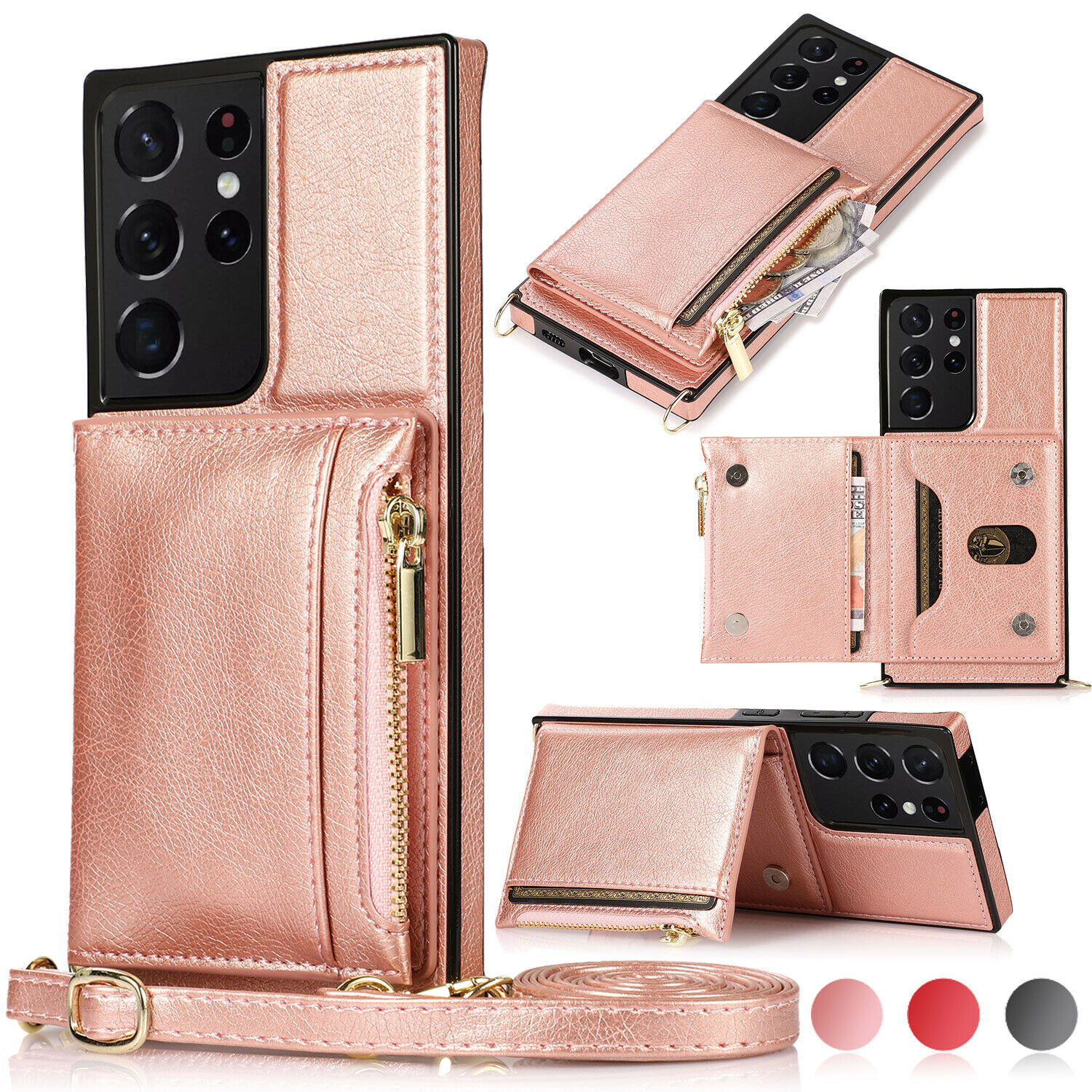 

Fashion cases For Samsung Note20 10 S20 S21 S30Ultra S10+ Zipper Leather Flip Wallet Strap Case, Rose gold