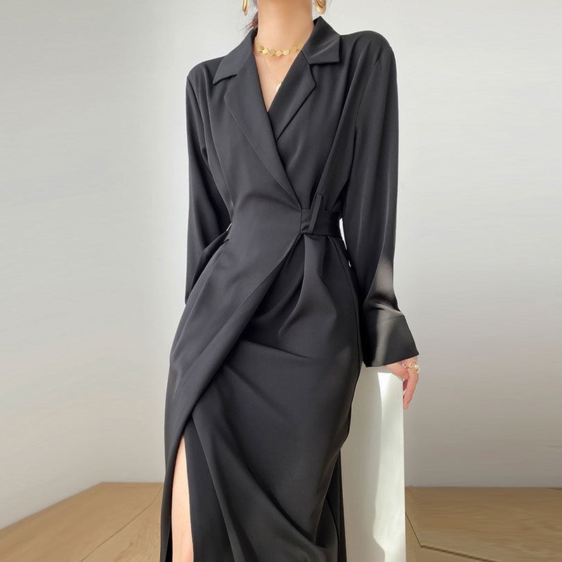

Solid Elegant Dress Women Autumn Bandage Midi Split Dress Office Lady Designer Casual Korean Style One-piece Dress Female 2021, Black
