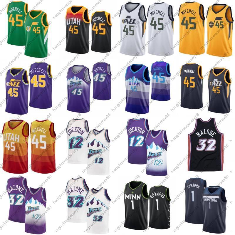 

Donovan 45 Mitchell 1 Edwards Basketball Jersey Mens Karl 32 Malone John 12 Stockton White Purple Retro Shirt, Black;red