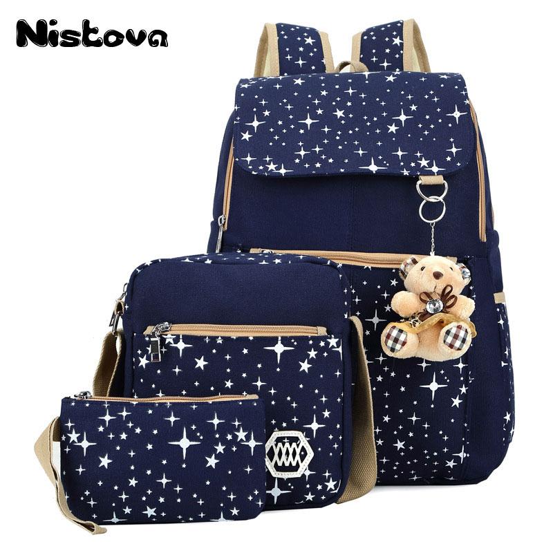 

Cute Bear 3 Set Women Backpack Preppy Style Backpacks For Teenage Girls High Quality Canvas School Bags Composite Bag Female