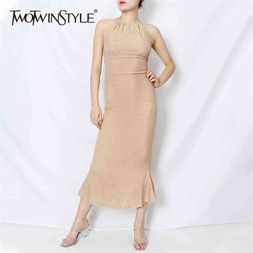 

Hollow Out Backless Dress For Women Square Collar Sleeveless High Waist Lace Up Bowknot Sexy Dresses Female 210520, Gold