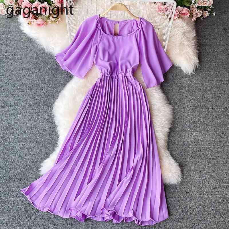 

Gaganight Summer Chiffon Dress Female Solid Pleated Beach Dress Women French O Neck Short Sleeve Lace Up Long Dresses 210519, Dark brown