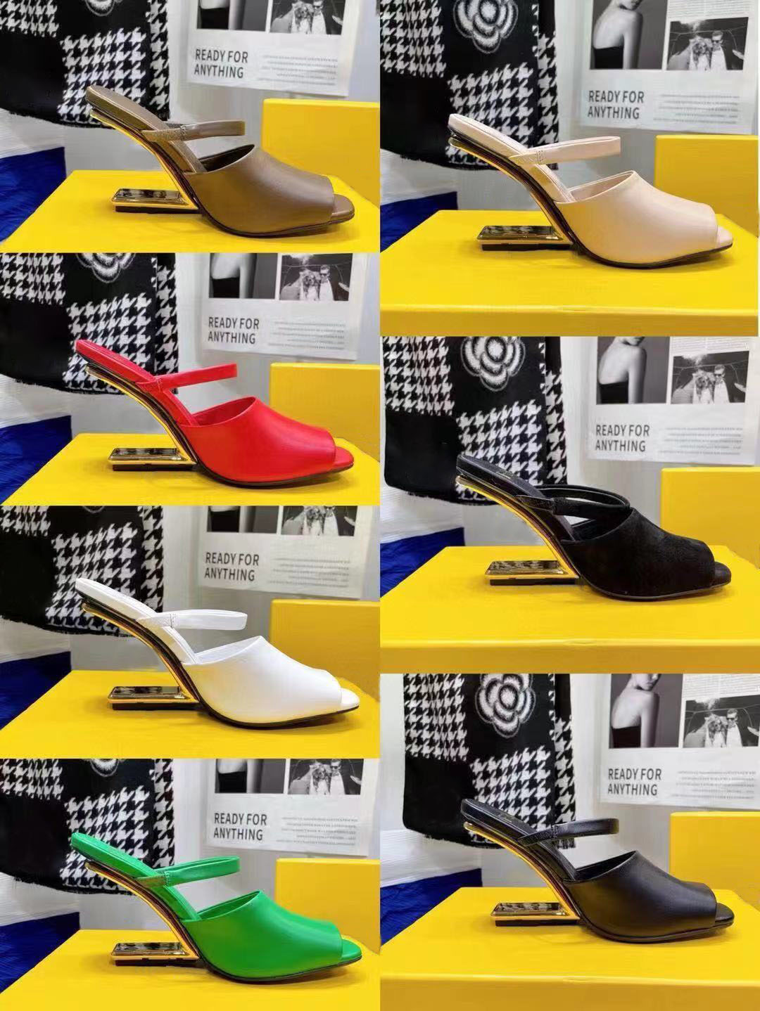 

2021 Europe's latest women's high-heeled slippers fashion fish mouth shoes special-shaped heel design sexy multi-color sizes 35-41