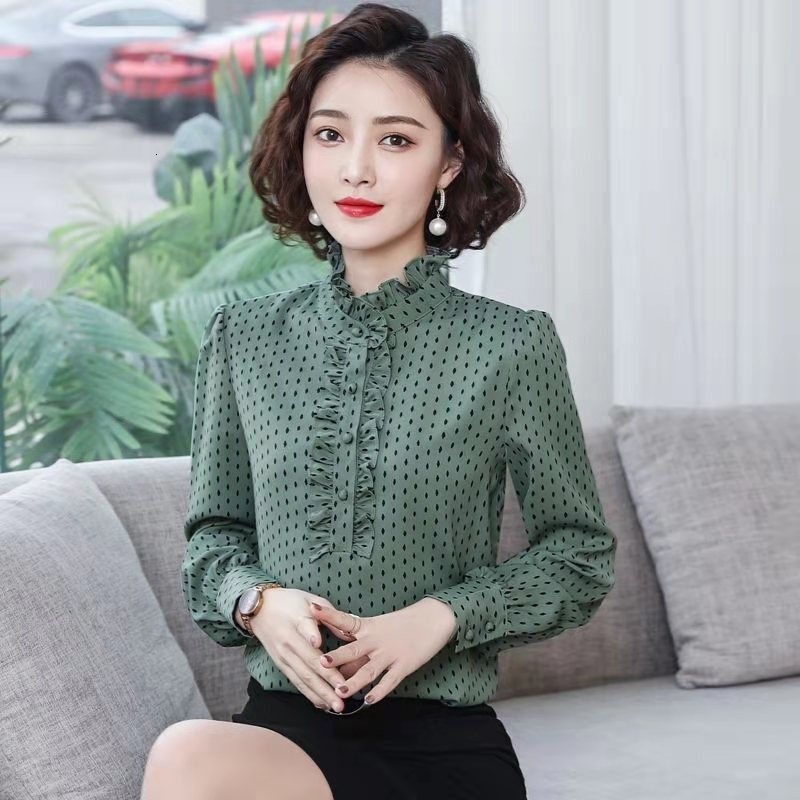 

Women's T-Shirt Summer Women Slim Casual Long Sleeve Button Design Blouse Polka Dot Print Ruffles Patchwork Chiffon Shirts W235 JR, Pink