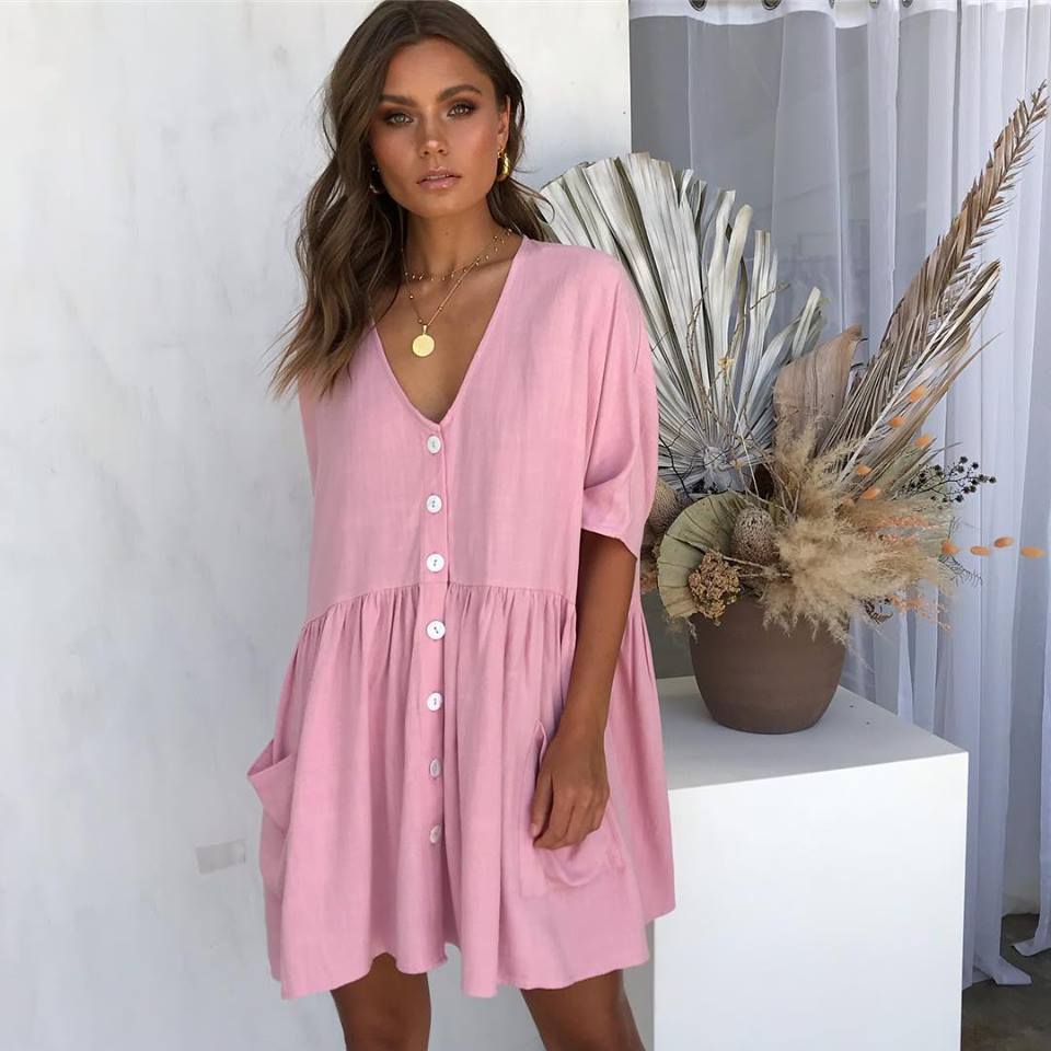 

Summer Women Dress 2021 Robe Femme Boho V-neck Spring Sexy Bohemian Dress Pocket Button Beach Dress Vestidos De Mujer Casual, Black