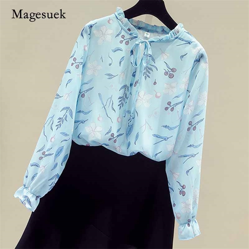

Long Sleeve Lace-up Floral Chiffon Blouse Pullover Women' Shirt All-match Printed Top Female Autumn Women Clothes 11147 210518, Sky blue