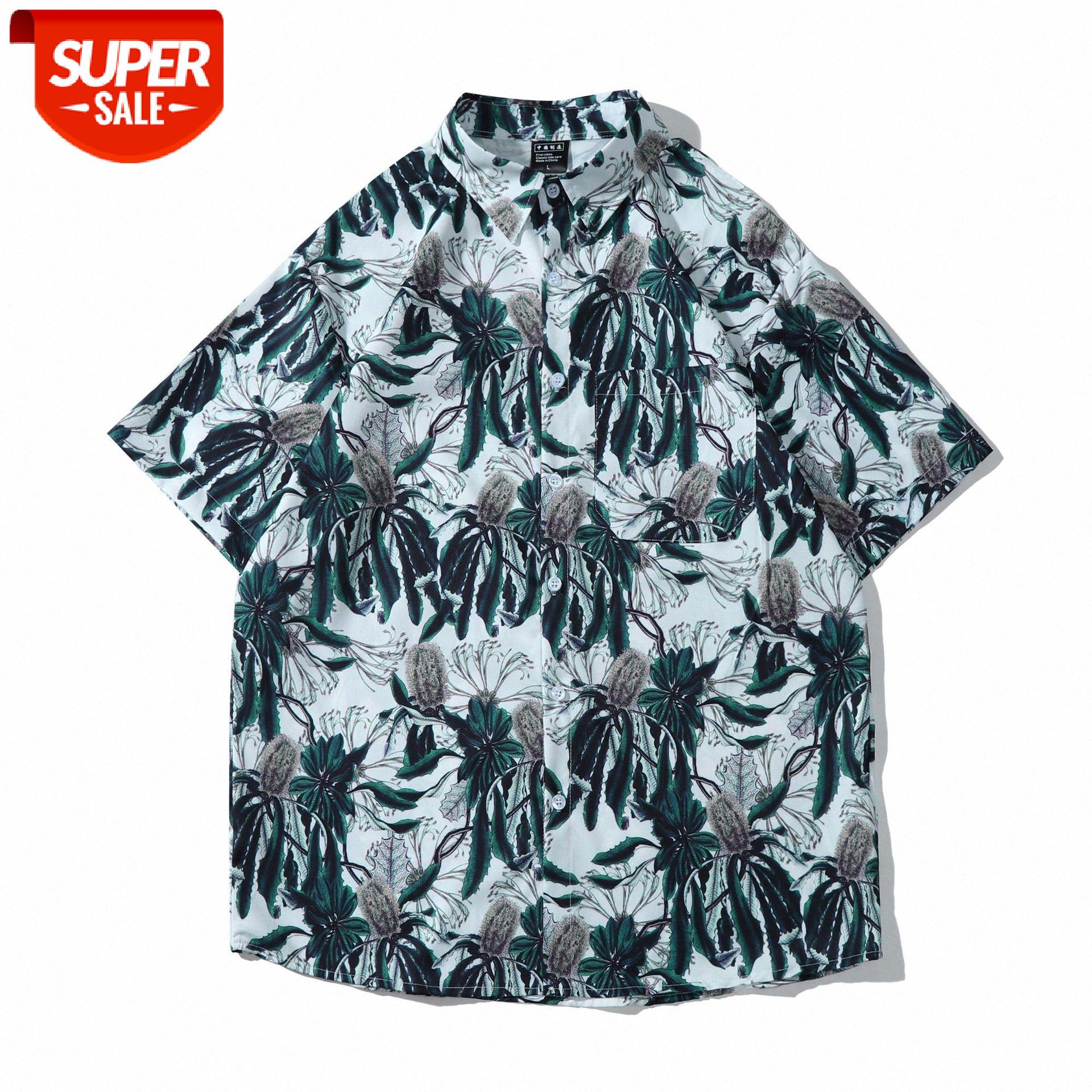 

Hong Kong style chic retro beach vacation wind Weiyi shirt men and women couple short-sleeved flower #0q1p, White;black