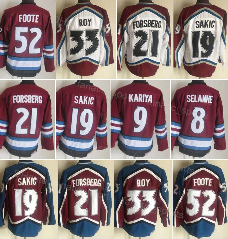 

Men Retro Ice Hockey 33 Patrick Roy Jersey Vintage 52 Adam Foote 21 Peter Forsberg 19 Joe Sakic 8 Teemu Selanne 9 Paul Kariya Stitched Burgundy Maroon Red White XueBeng, 8 red