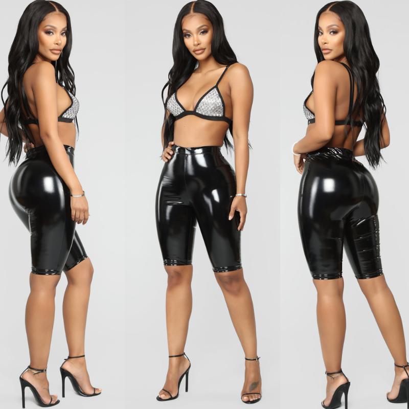

Women' Shorts Womens Sexy Shiny Capris PU Leather Pants Joggers Women Slim Fit High Waist Solid Bodycon Short, Black