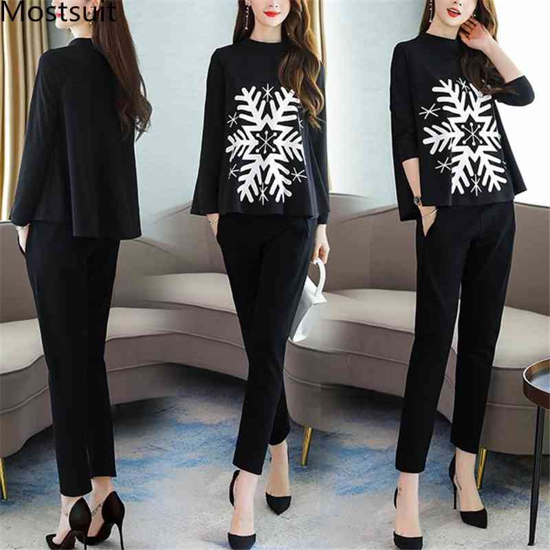 

Autumn Black Snowflake Print Two Piece Sets Outfits Women Plus Size Tops And Pants Suits Elegant Office Korean Fashion 210518