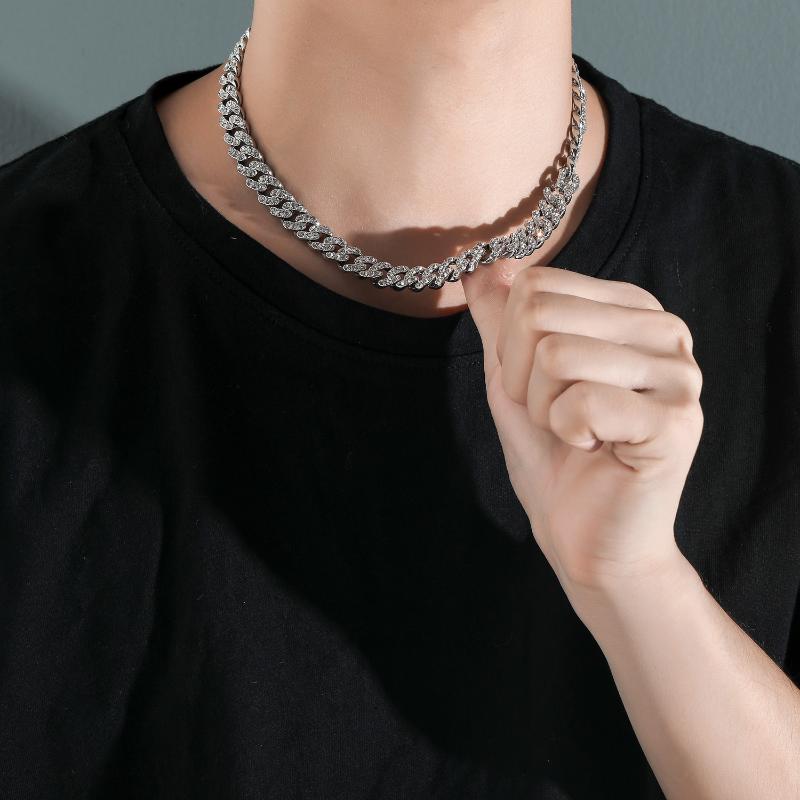 

Chains Hip Hop Alloy Necklace 12mm Single Row Rhinestone Full Men's Personality Cuban Chain