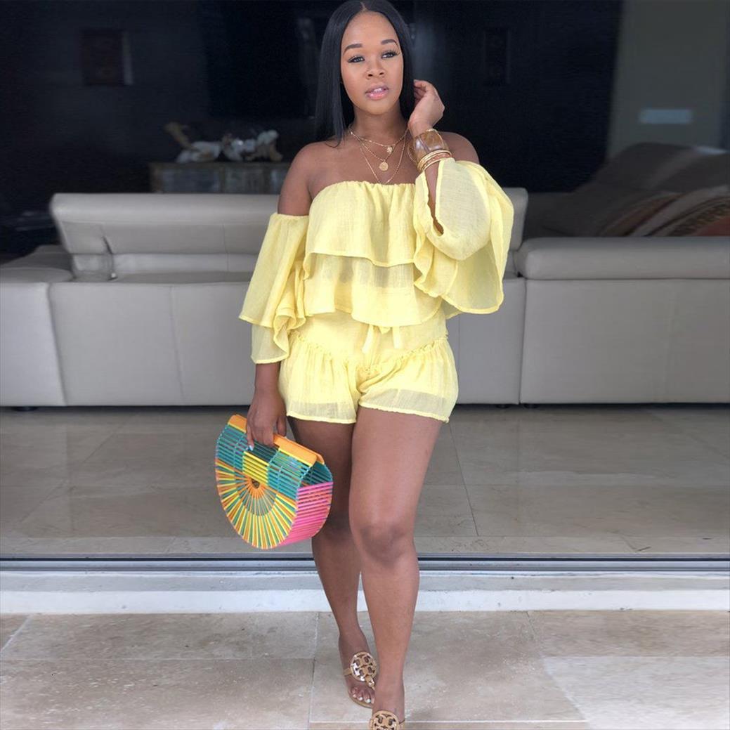 

two piece sweatsuits women tracksuits summer clothes slash neck ruffles sleeve crop biker shorts casual 2 matching set, Gray