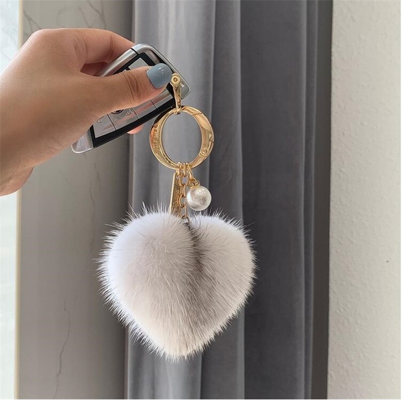 

Big Fluffy Real Rex Rabbit and Mink Ball Heart Keychain Natural Fur Key Pendant For Women Bag Charm
