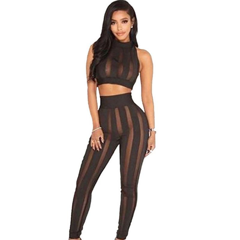 

Women' Two Piece Pants Fitness Workout Set Tracksuit Women Sleeveless Crop Top And Pencil Suit Sheer Mesh Striped Matching Outfits, Black
