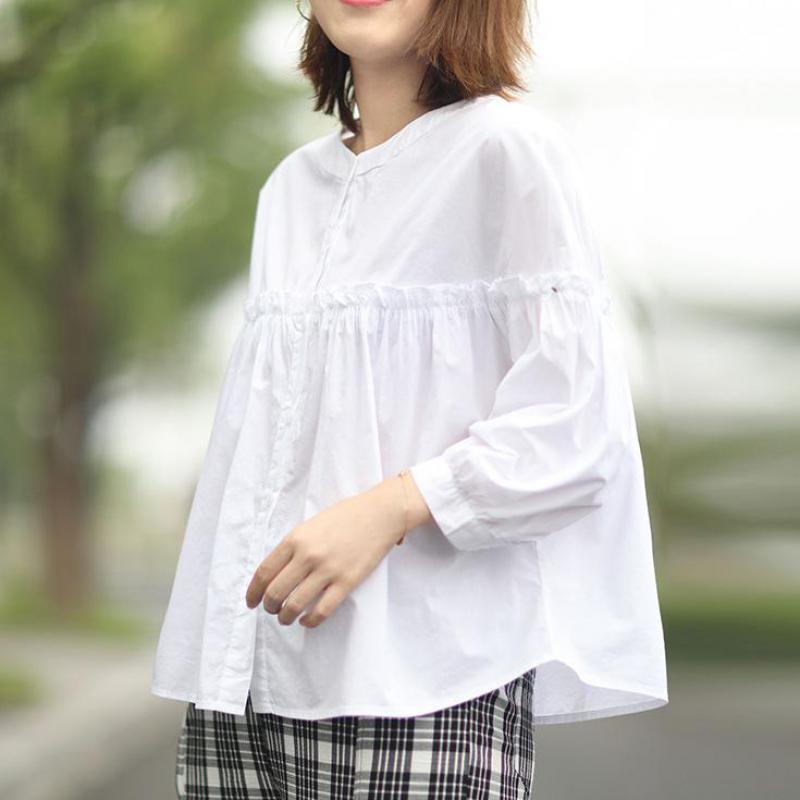 

Johnature Autumn Korean Solid Color Patchwork O-neck Single Breasted Shirt Loose Leisure Fashion All-match Women Tops 210521, Black