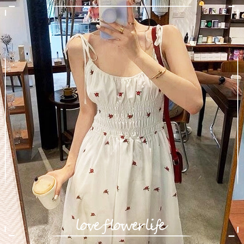 

Chic Bandage Design Floral Strap Dresses Women Korean Style Vintage Midi Dresses Casual Beach Sling For Females Summer 210521, As picture