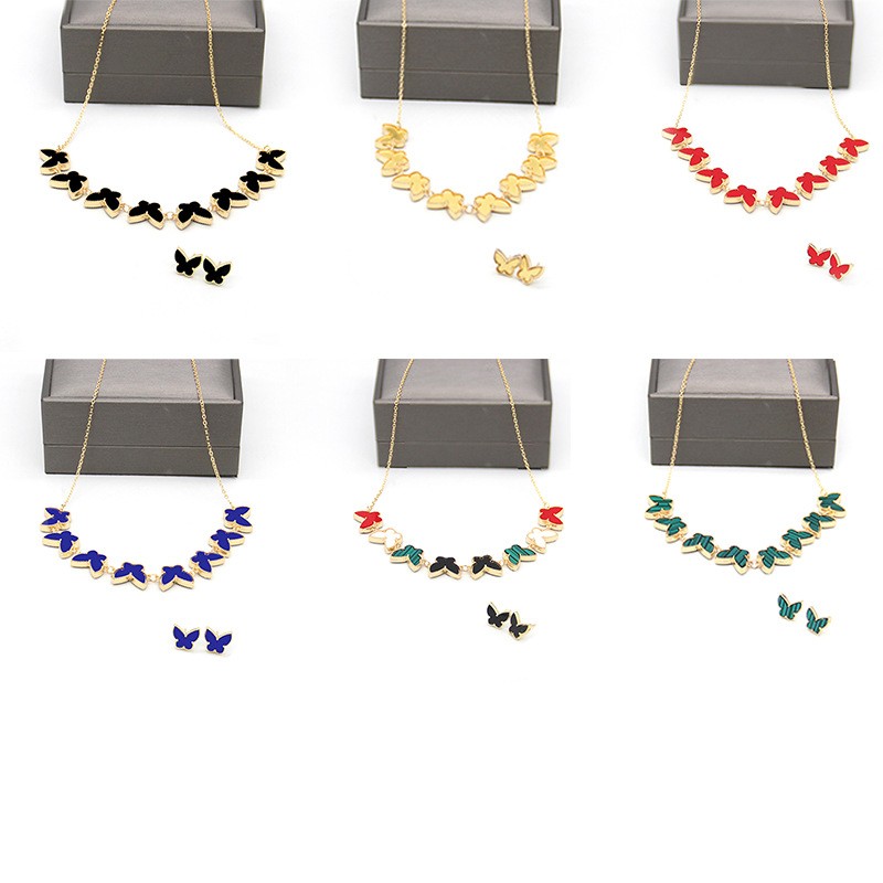 

New Fashion Designers Colorful Butterfly Charm Stud Earring Necklace Set Gold Plated Jewelry, Multicolors