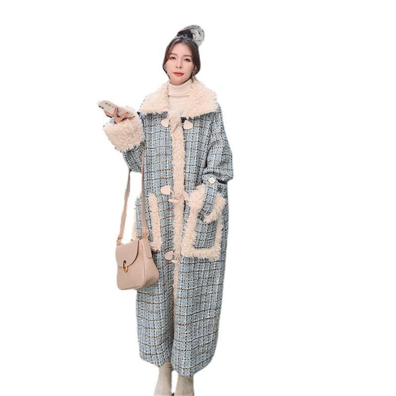 

Women' Wool & Blends Hodisytian 2021 Autumn Winter Women Plaid Lambswool Coat Trench Warming Elegant Outerwear Long Thick Female Overcoat, Blue