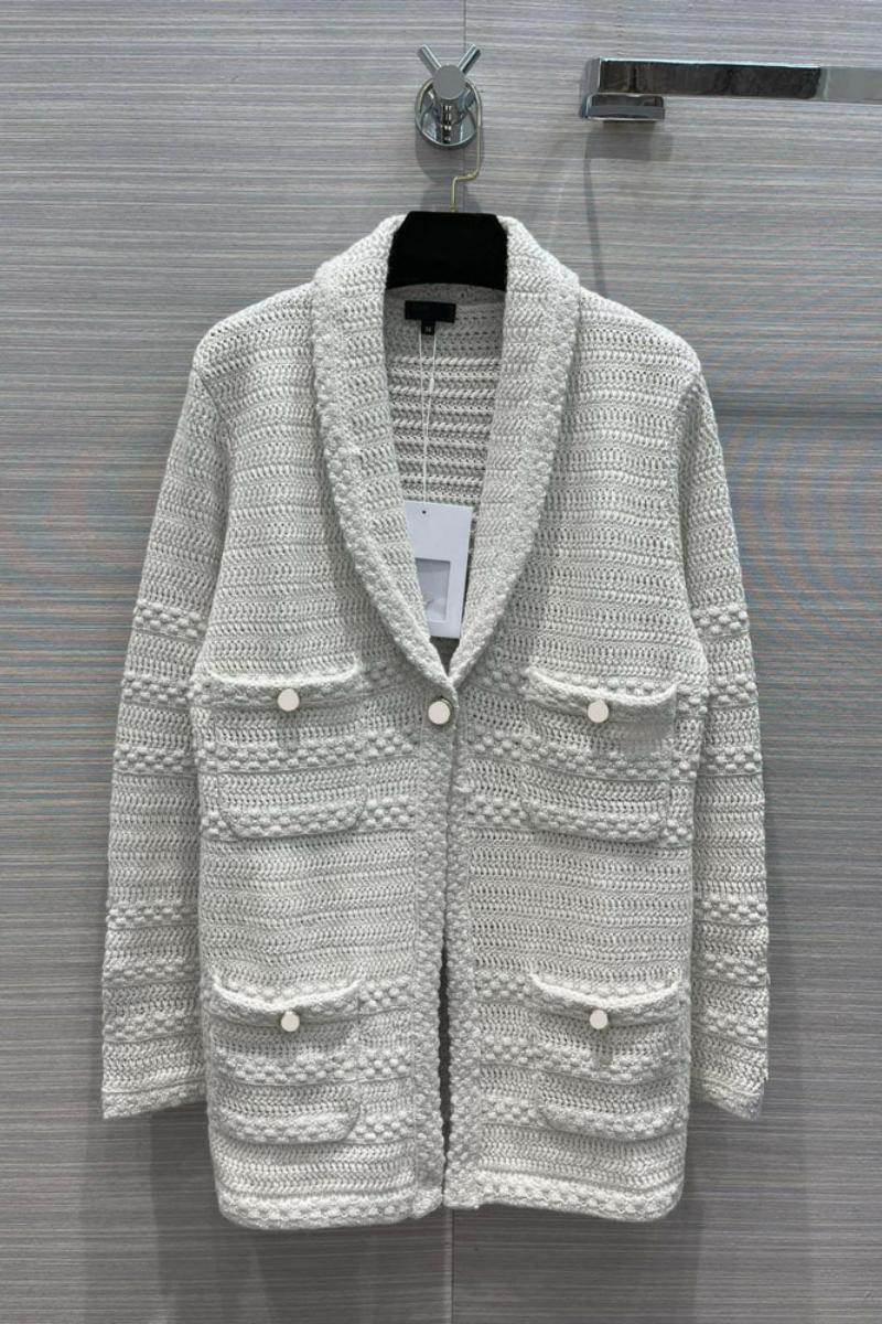 

High end famous brand women's clothing autumn and winter leisure Crochet woven four pocket medium loose cardigan, Black