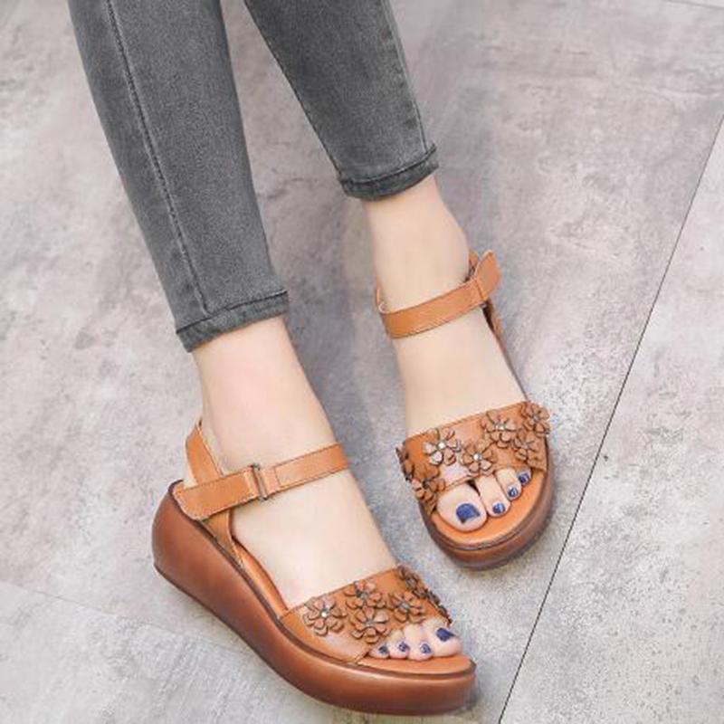 

Genuine Leather Women Shoes Sandals Wedges Handmade Personalized Sandal, Black