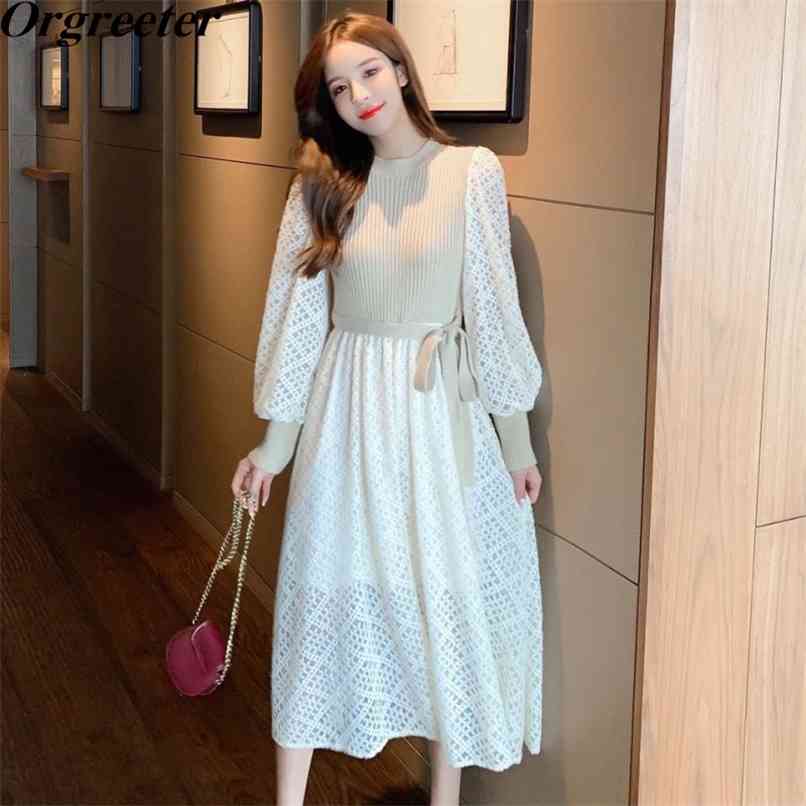 

Autumn and winter wild Knitted Patchwork Lace Dress Solid Long Sleeve Bow -up Bottoming Party Women 210602, Black