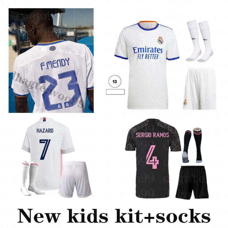 

21 22 Child REAL MADRID soccer jersey HAZARD SERGIO RAMOS BENZEMA VINICIUS camiseta football shirt uniforms kids kit +socks