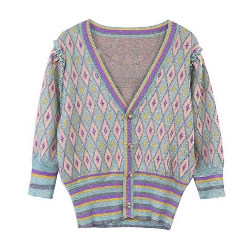 

Vintage Diamond pattern Jacquard Knitted Cardigan Outwear Summer Beaded Half sleeve Ruffles Shinny Sweater 210602, Violet