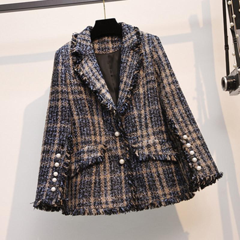 

Women's Jackets Plus Size 4XL Autumn Winter Plaid Tweed Woman Jacket Pearls Button Thicken Woolen Outwear Female Tassel Coat Women Clothing, Picture color