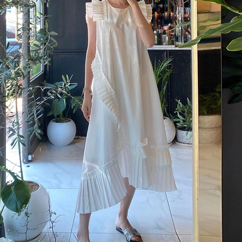 

Korean Style Elegant White Dress Summer New 2021 Round Neck Fashion Ladies Solid Color Casual Irregular Women Clothing, Black