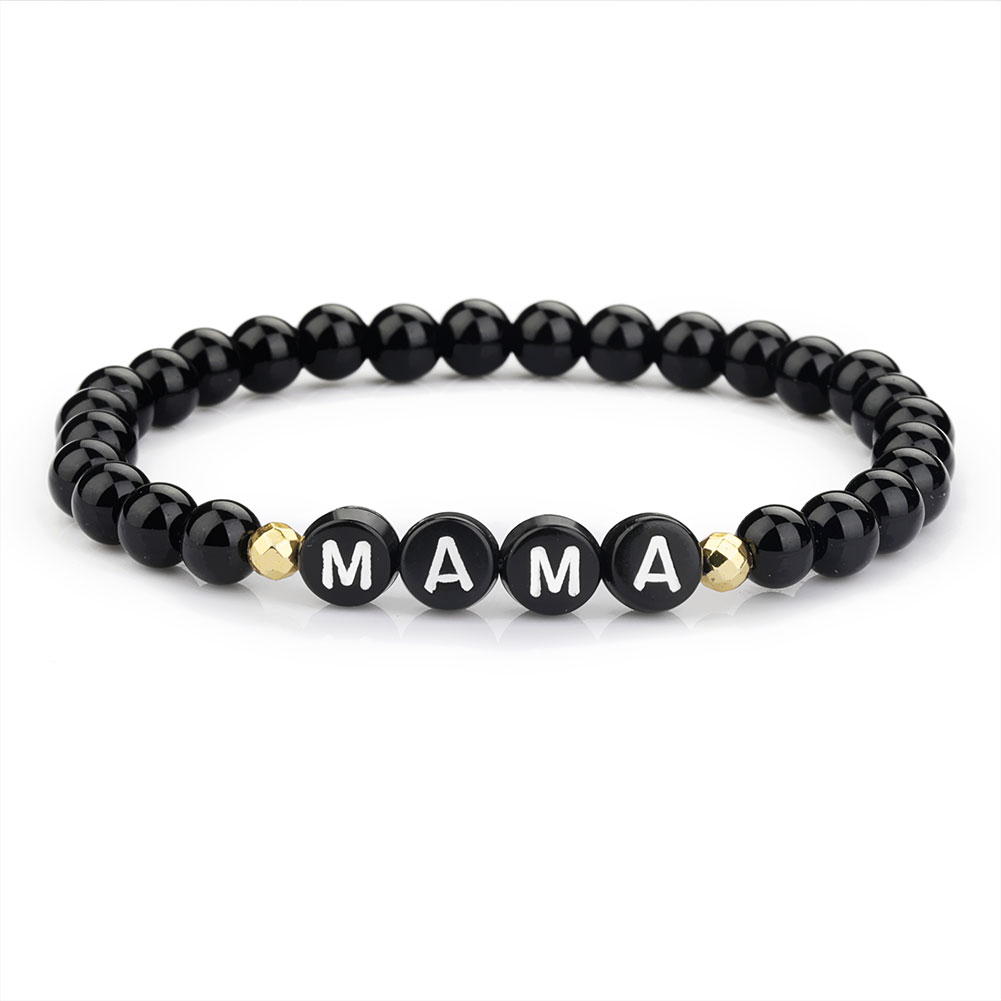 

Newest arrival 6mm black glass beads strands bracelet for women men handmade elastic acrylic letter flat bead charm pendant bracelets mother's day gifts 2021