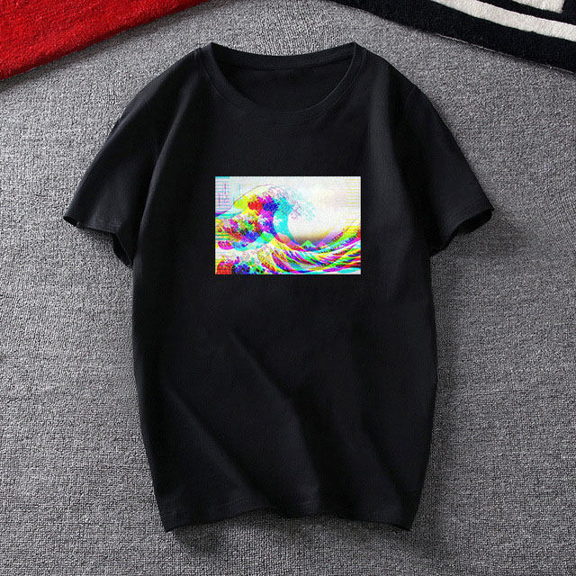 

Male The Great Wave off Vaporwave Color Glitch Print T Shirt Men Hip hop Fashion Tops Tee Japanese Harajuku Retro Men's t-shirt, Black03